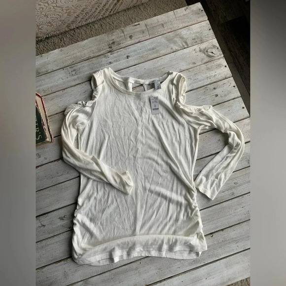 WHBM | open shoulder | ruffle | keyhole back | NWT | long sleeve | L - Picture 1 of 8